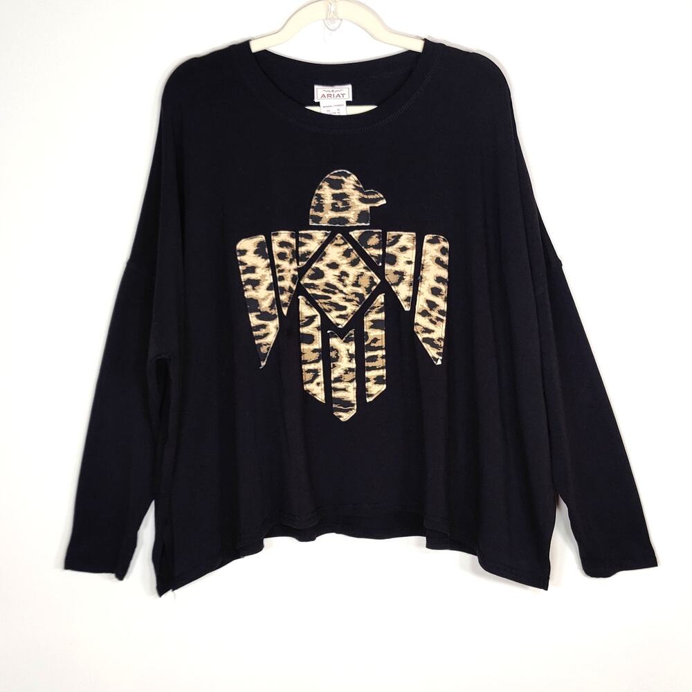 Ariat Oversized Long Sleeve Eagle Leopard Applique Black Western‎ Top XL